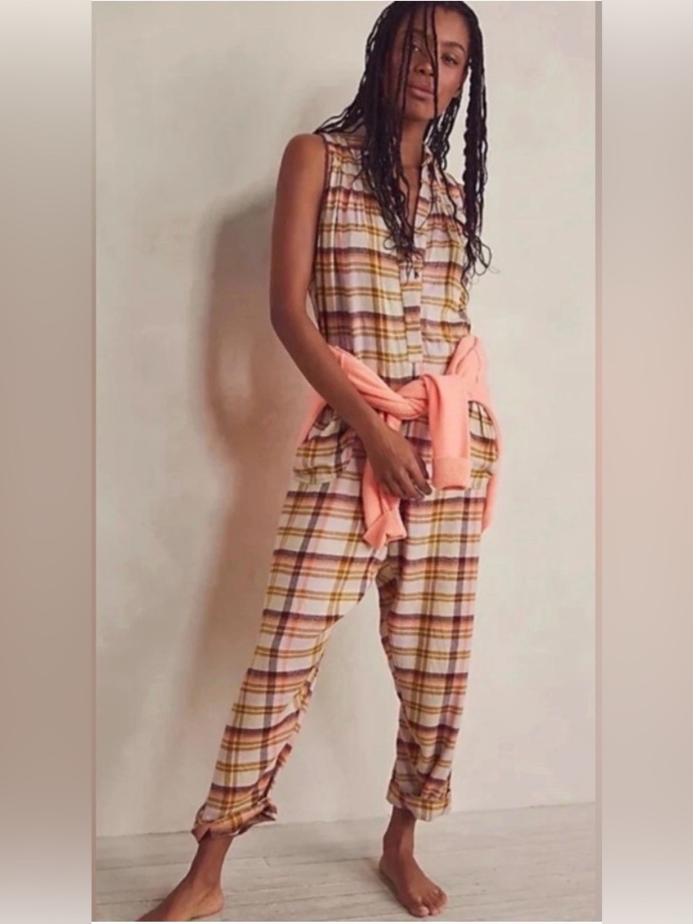 Free People Wrapped In Flannel Plaid Jumpsuit